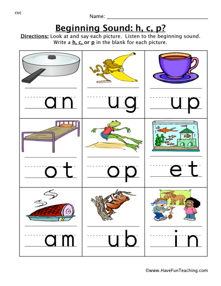 Beginning Sounds H, C, P Worksheet