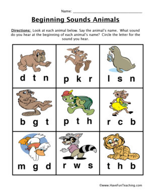 Animal Pictures Beginning Sounds Worksheet