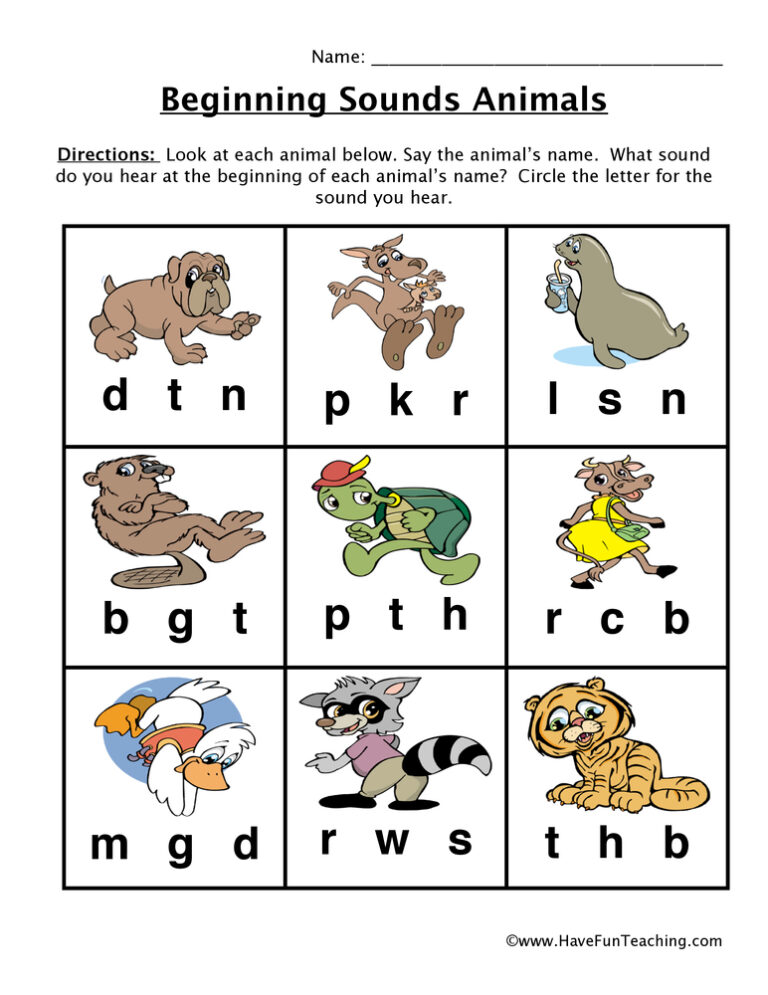 Animal Pictures Beginning Sounds Worksheet