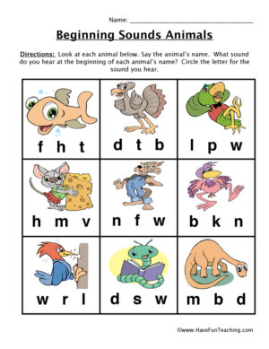 Animal Pictures Beginning Sounds Worksheet