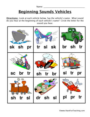 Beginning Blends Transportation Worksheet
