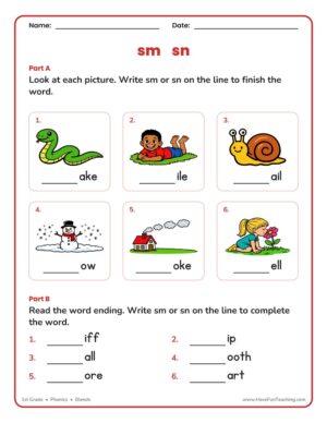 1st Grade sm and sn beginning blends phonics worksheet
