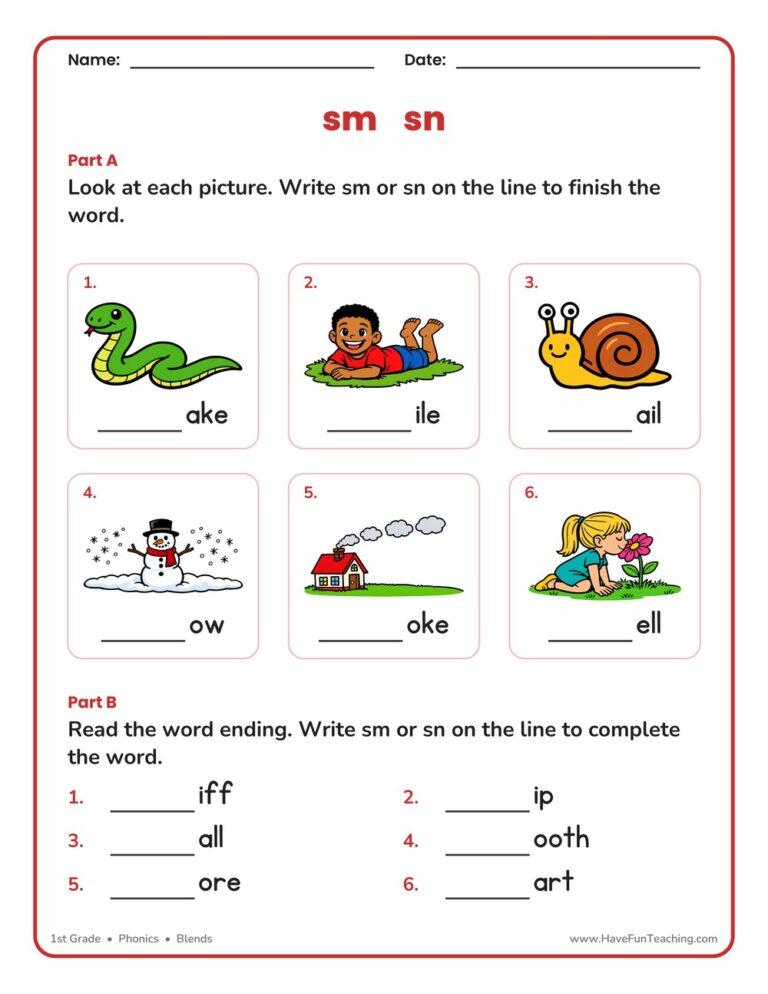 Blends SM, SN Worksheet