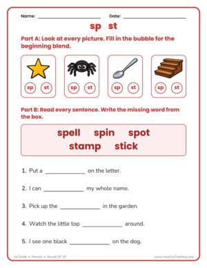 1st Grade Blends SP, ST Worksheet