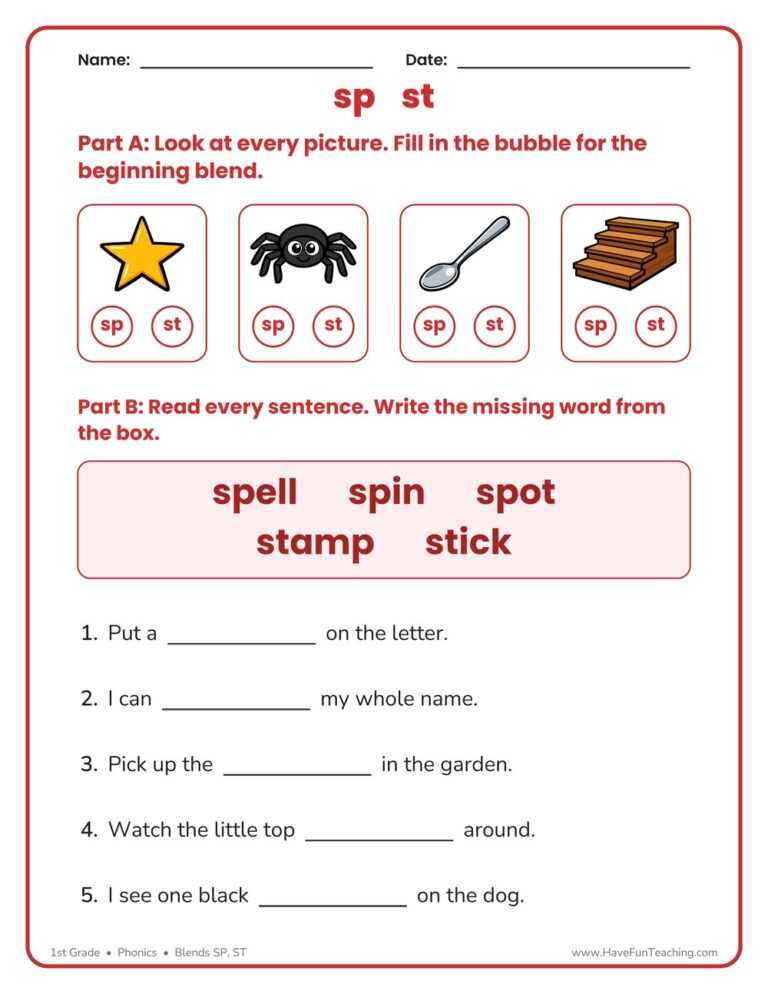 Blends SP, ST Worksheet