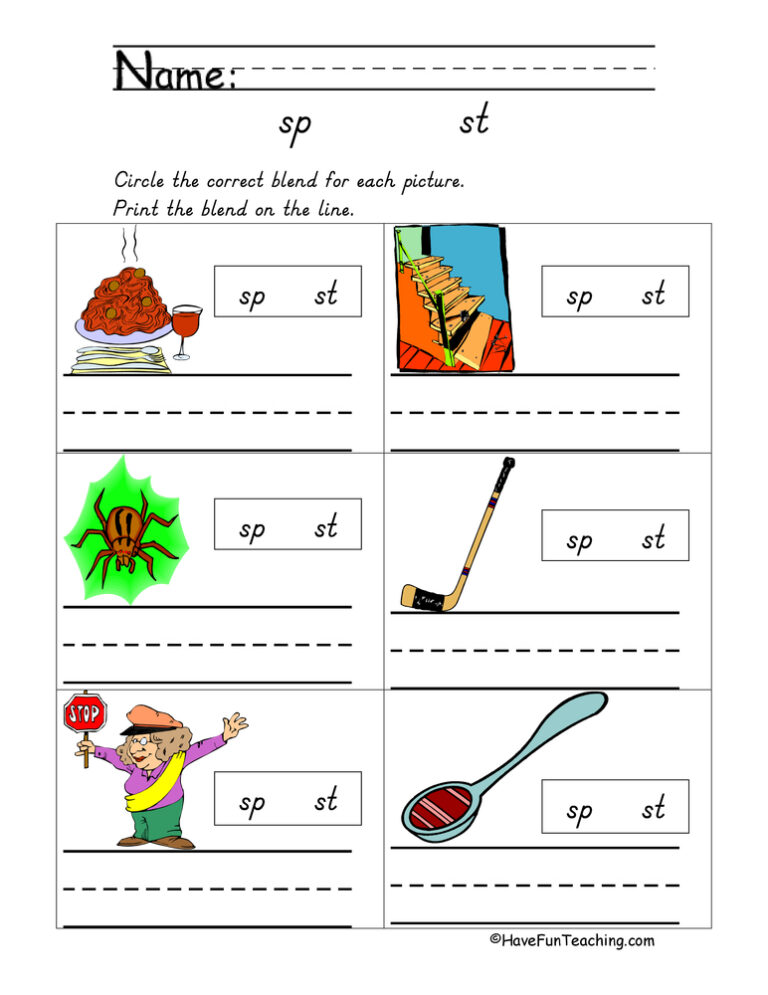 Blends SP, ST Worksheet