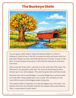 2nd grade The Buckeye State reading comprehension worksheet about Ohio