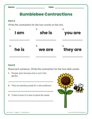 2nd Grade contractions worksheet for is, are, and am contractions