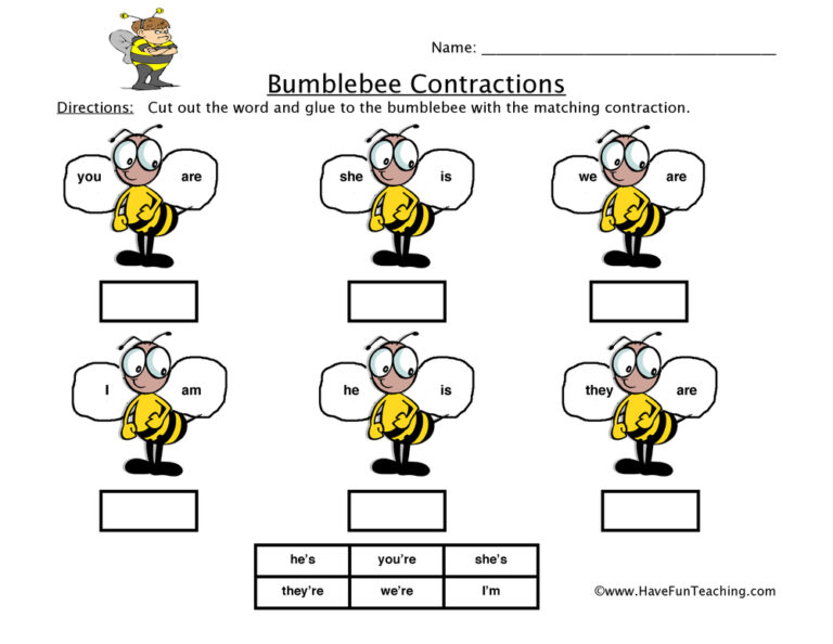 Bumblebee Is/Are Contractions Worksheet
