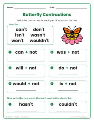 2nd Grade contractions with not worksheet with a butterfly