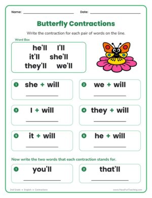 2nd grade contractions worksheet on making contractions with will