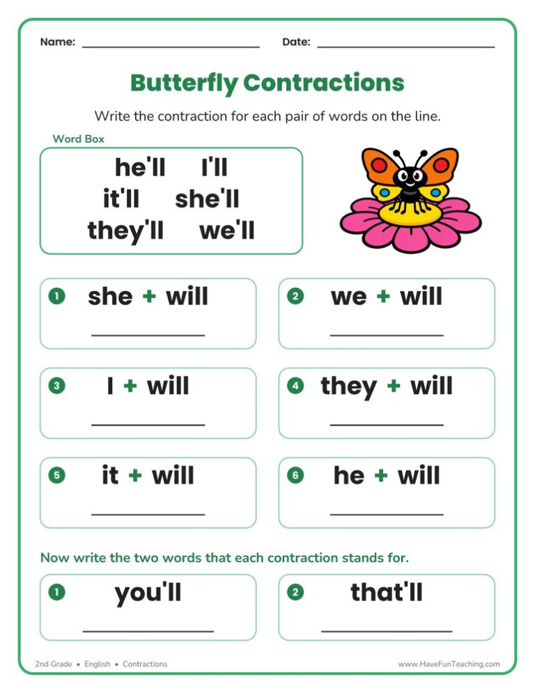 Butterfly Will Contractions Worksheet
