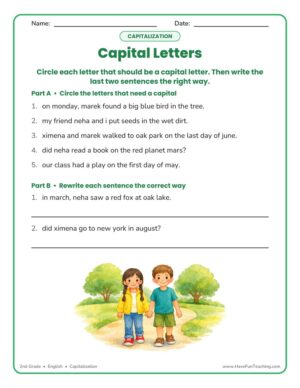 Correct the Capitalization Errors Worksheet for 2nd grade, circle the letters that need a capital