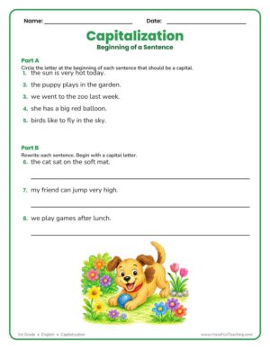 Capitalization Beginning of a Sentence Worksheet with sentences to fix
