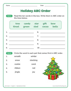 2nd Grade Christmas ABC order alphabetical order worksheet