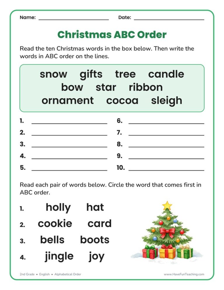 Christmas Words ABC Order Worksheet