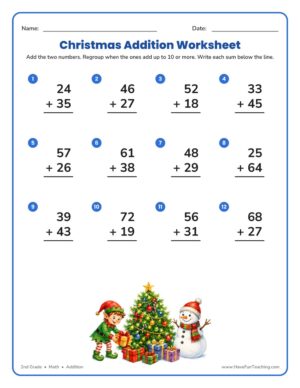 Christmas Addition Worksheet with double digit addition problems, a decorated tree, elf, and snowman