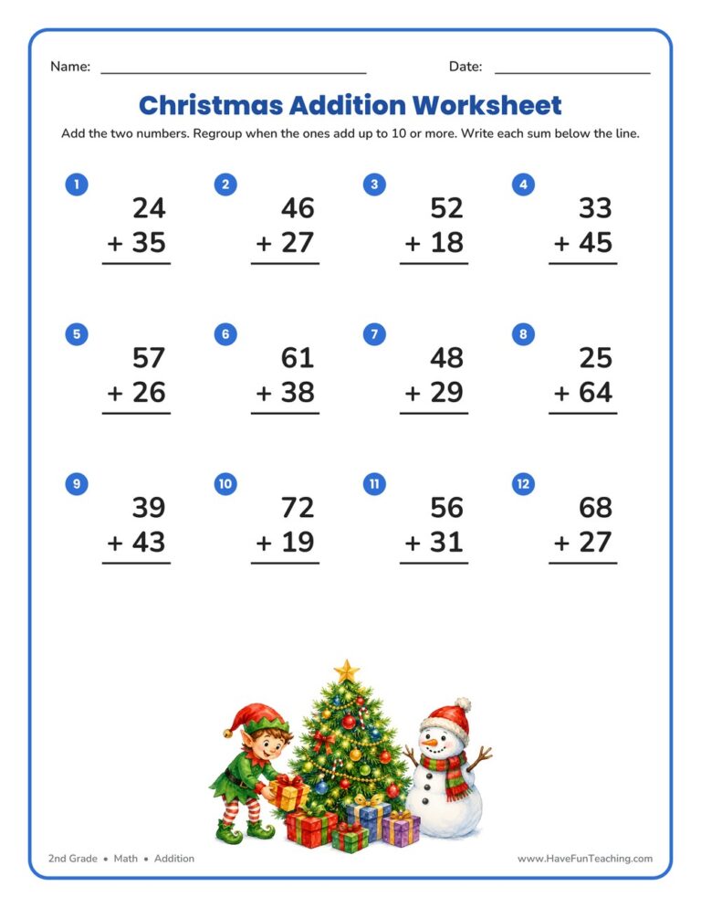 Christmas Double Digit Addition Worksheet