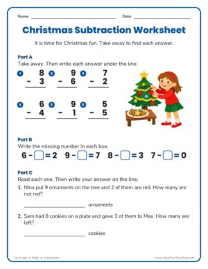 1st Grade Christmas single digit subtraction worksheet