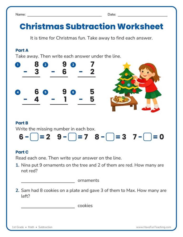 Christmas Single Digit Subtraction Worksheet