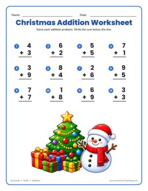 Christmas Addition worksheet for 1st grade with twelve single digit addition problems and a Christmas tree and snowman.
