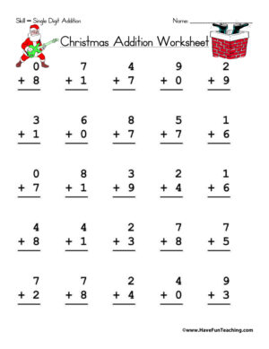 Christmas Single Digit Addition Worksheet