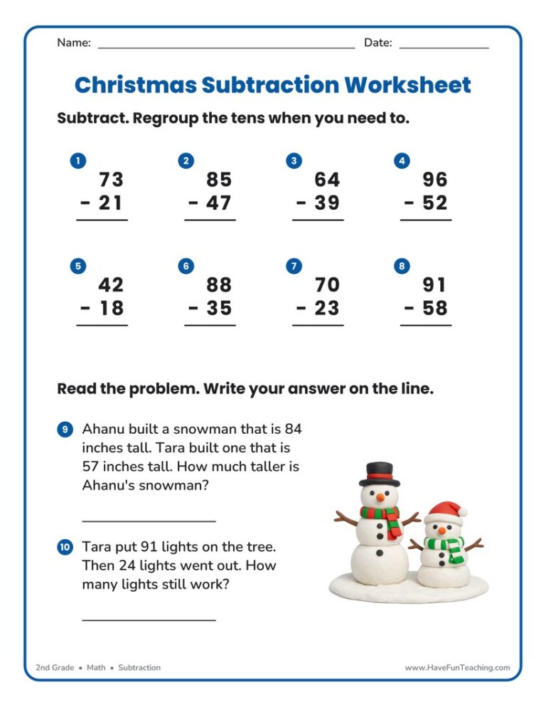 Christmas Double Digit Subtraction Worksheet
