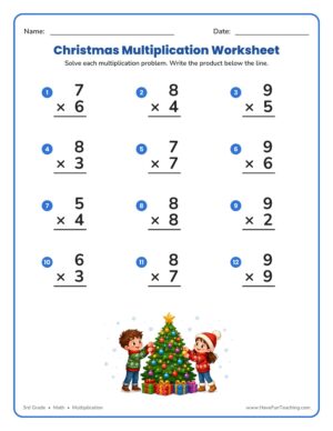 Christmas Single Digit Multiplication Worksheet with twelve vertical single-digit multiplication problems and a festive Christmas tree scene.