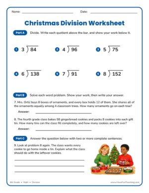 4th Grade Christmas division worksheet with long division practice