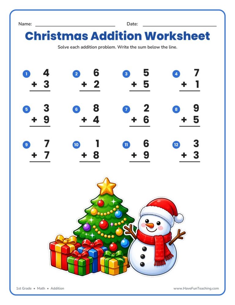 Christmas Single Digit Addition Worksheet