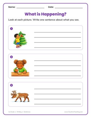 1st Grade Christmas sentences worksheet with three picture writing prompts