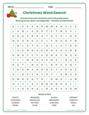 Christmas Word Search Worksheet with a puzzle grid and a word bank of holiday vocabulary words to find and circle.