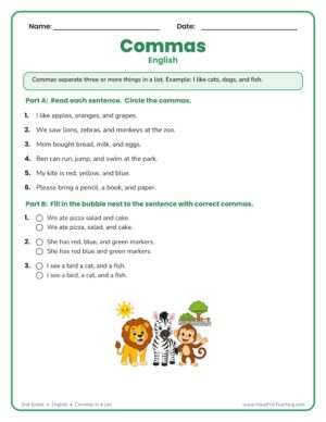 Commas in a List Worksheet for 2nd Grade English