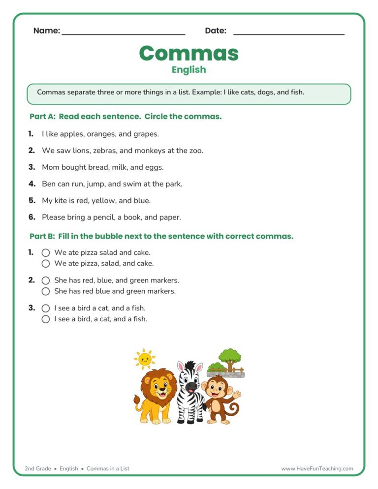 Commas in a List Worksheet