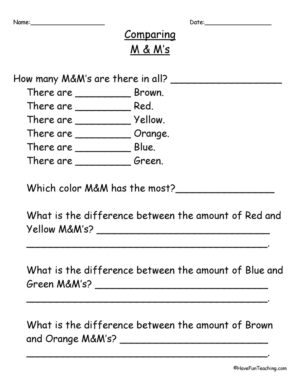 Comparing Numbers M&M's Subtraction Worksheet