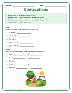 Contractions practice worksheet for 2nd grade with example box and two activities