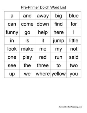 Dolch Sight Words List