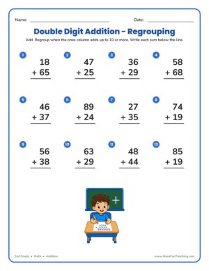 Double digit addition with regrouping worksheet for 2nd grade math