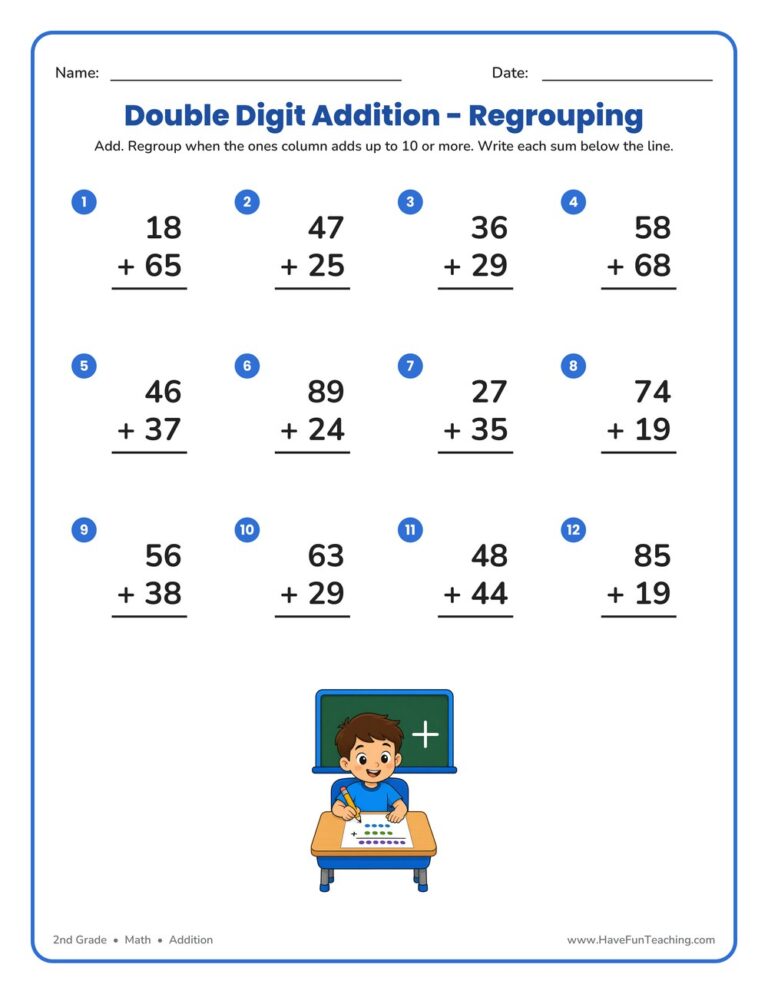 Double Digit Addition With Regrouping Worksheet Pack