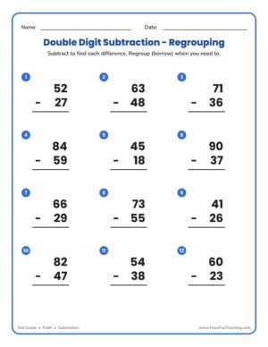 Double digit subtraction with regrouping worksheet for 2nd grade math with answer key