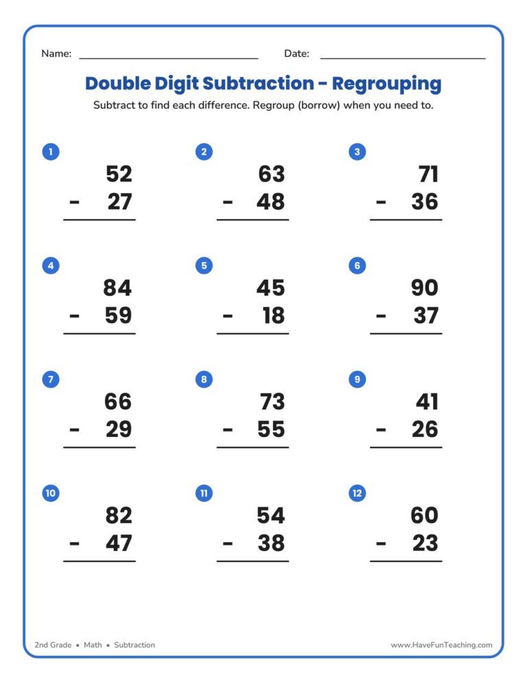 Double Digit Subtraction Regrouping Worksheet Pack
