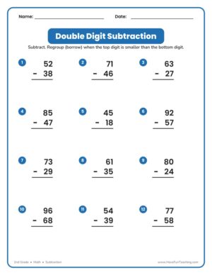 Double digit subtraction worksheet for 2nd grade with 12 two-digit regrouping problems