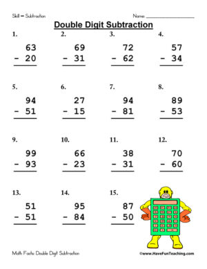 Double Digit Subtraction Worksheet Pack