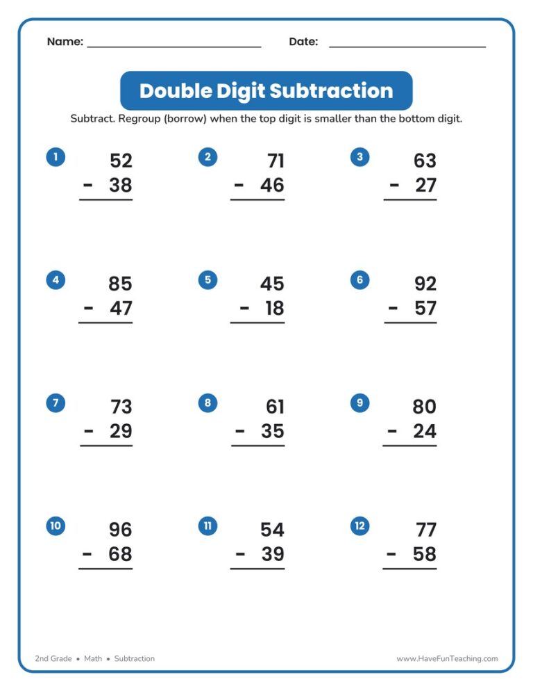 Double Digit Subtraction Worksheet Pack