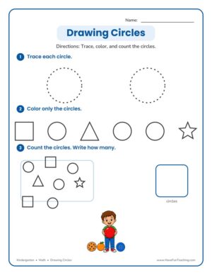 Kindergarten drawing circles math worksheet with shapes to trace and color