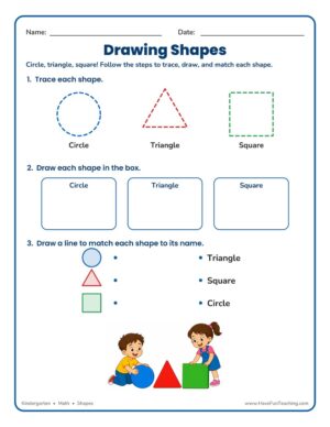 Kindergarten drawing circle, triangle, and square shapes worksheet