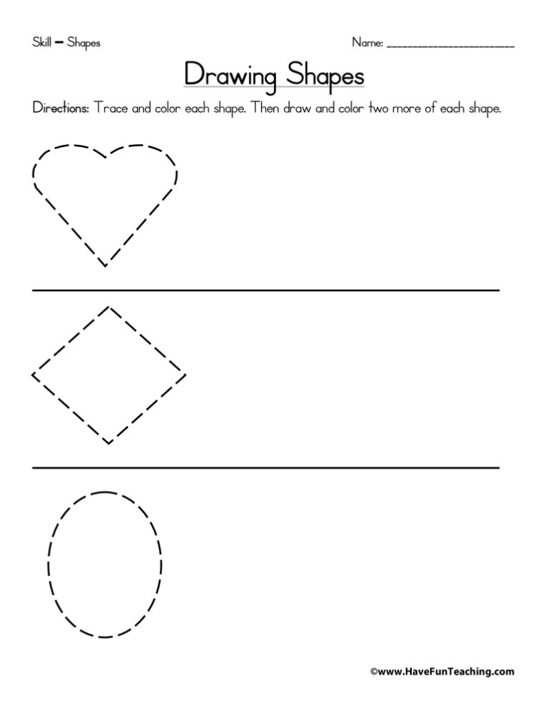 Drawing Heart, Diamond, Oval Shapes Worksheet