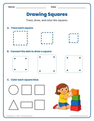 Kindergarten drawing squares worksheet for tracing, drawing, and identifying squares
