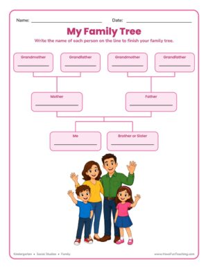 Kindergarten 2 Children Family Tree Worksheet