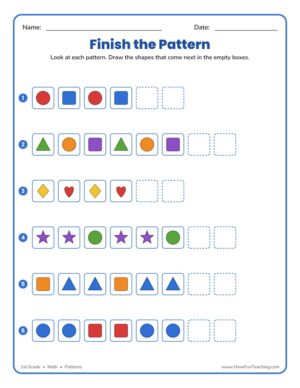 Finish the Pattern Worksheet - 1st grade math patterns worksheet with shapes